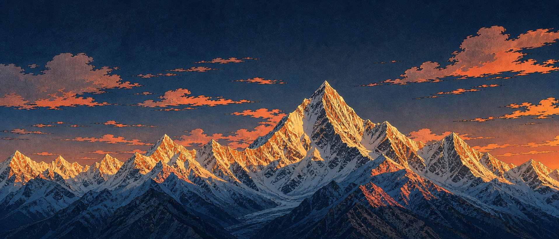 暮光中被染成金色的连绵雪山