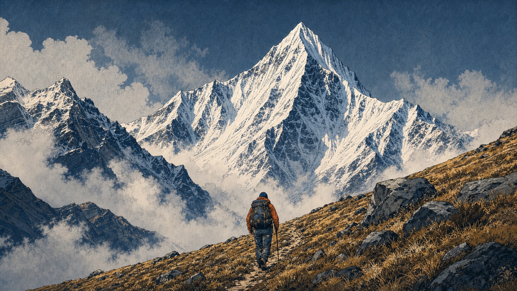 一名背着大背包的行者沿草坡走向雪山缺口